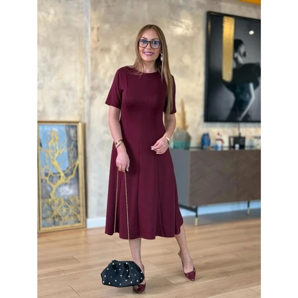 Lucky Life Kadın Kısa Kollu Bisiklet Yaka Midi Viskon Iki Iplik Elbise