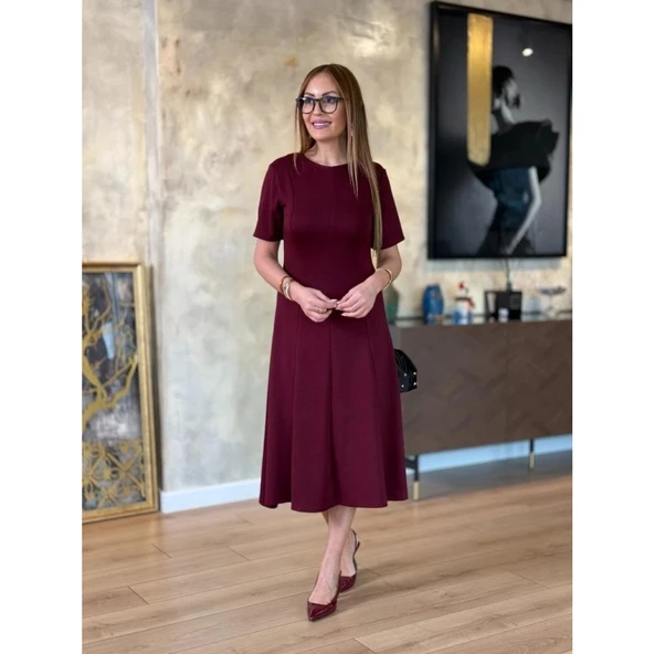 Lucky Life Kadın Kısa Kollu Bisiklet Yaka Midi Viskon Iki Iplik Elbise - 2