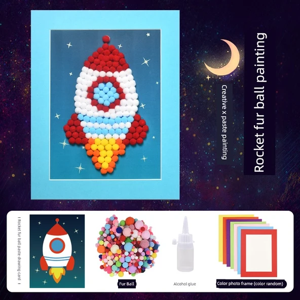 DIY Tüylü Top Çıkartmalı Fotoğraf Çerçevesi - Küçük Roket