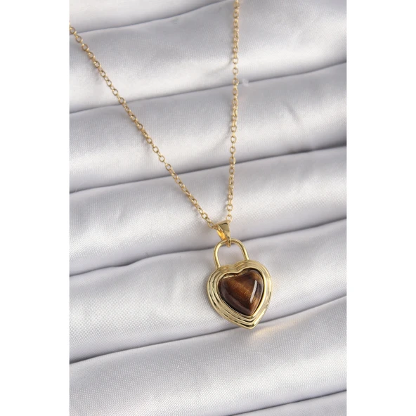 316L Çelik Gold Renk Zincir Kilit Kalp Kehribar Boncuk Model Kadın Kolye - TJ-BKO9496