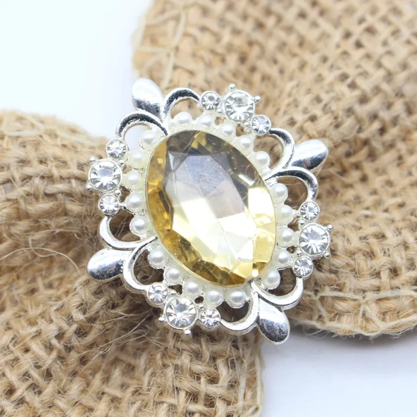 30x33mm Oval Kendin Yap Süsleme Aksesuarı - Yapay Elmaslı Çiçek Diski - Açık Kahve