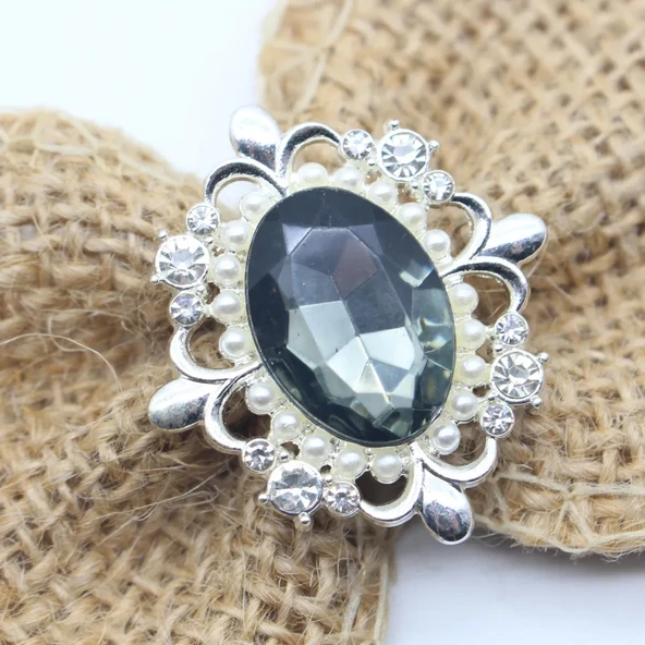 30x33mm Oval Kendin Yap Süsleme Aksesuarı - Yapay Elmaslı Çiçek Diski - Gri