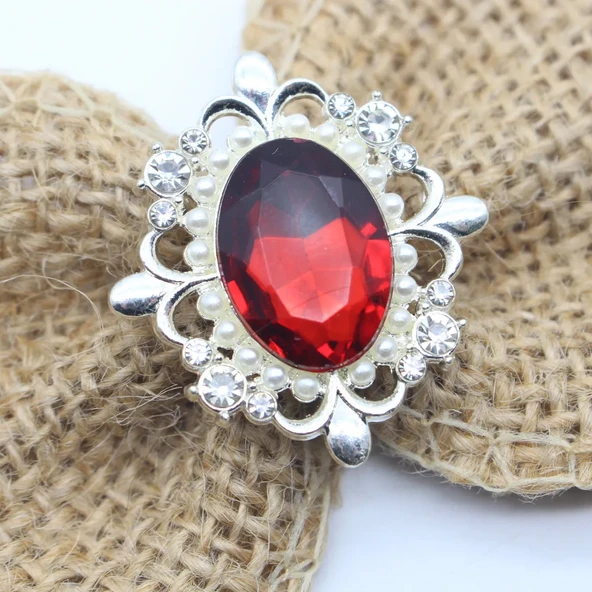 30x33mm Oval Kendin Yap Süsleme Aksesuarı - Yapay Elmaslı Çiçek Diski - Koyu Kırmızı