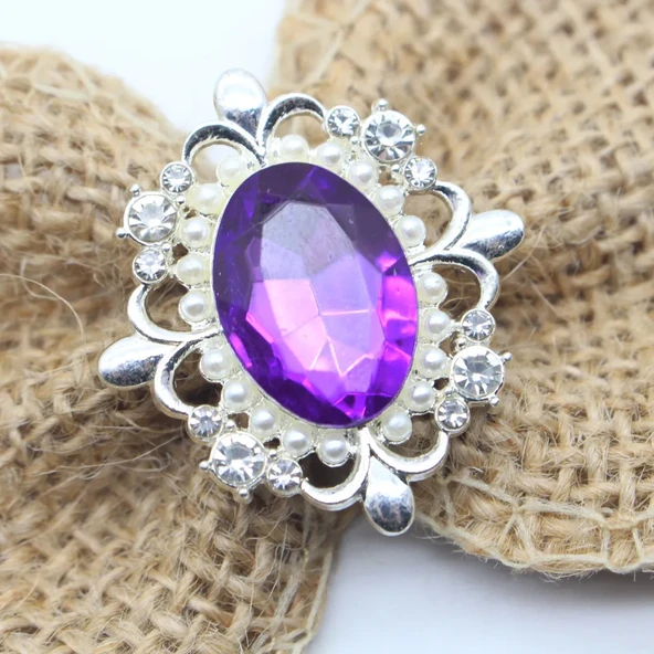 30x33mm Oval Kendin Yap Süsleme Aksesuarı - Yapay Elmaslı Çiçek Diski - Koyu Mor