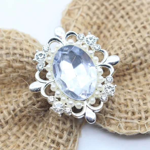 30x33mm Oval Kendin Yap Süsleme Aksesuarı - Yapay Elmaslı Çiçek Diski - Beyaz