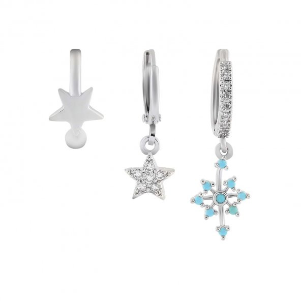 Gümüş Rengi 3 lü Zirkon Taşlı  Yıldız- Kuzey Yıldız Kıkırdak Küpe Seti ürün görseli 1