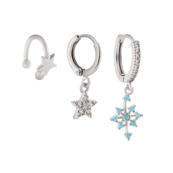 Gümüş Rengi 3 lü Zirkon Taşlı  Yıldız- Kuzey Yıldız Kıkırdak Küpe Seti - Resim 2