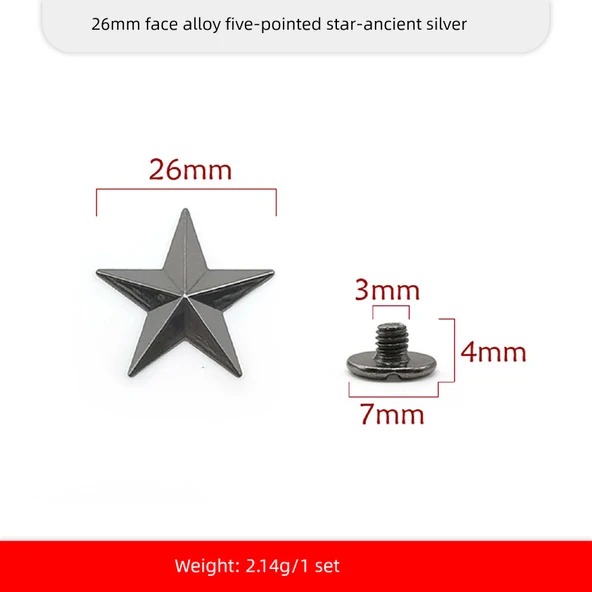 DIY Alaşım Perçin Punk Pentagram Şapka - Antik Gümüş - 26mm