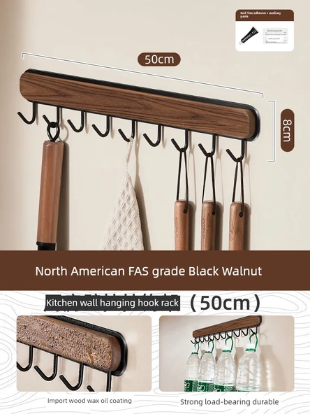 Siyah Ceviz Duvar Askısı - 50cm - 9 Kancalı - FAS Sınıfı