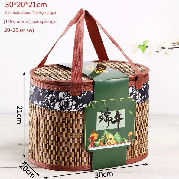 Bambu Örgü Hediye Sepeti - Mavi ve Çiçek Karbonize Oval 30*20*21 (Ejderha Bel Mühürlü)