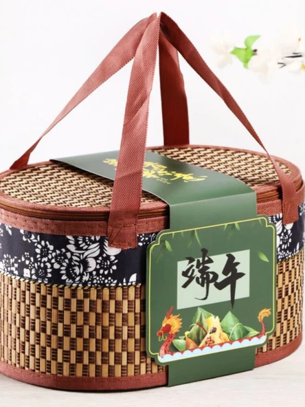 Bambu Örgü Hediye Sepeti - Mavi ve Çiçek Karbonize Oval 30*20*21 (Ejderha Bel Mühürlü) - 2