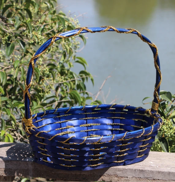Rattan Söğüt Dokuma Sepet - Çiçek ve Altın Kordon Koyu Mavi