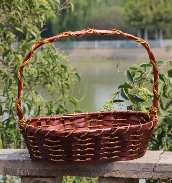 Rattan Söğüt Dokuma Sepet - Çiçek Altın Kordon Kahverengi