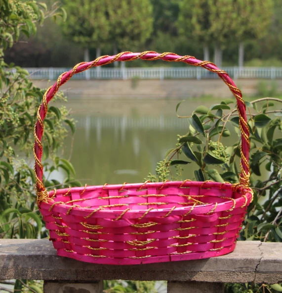 Rattan Söğüt Dokuma Sepet - Çiçek Altın İpli Kırmızı (Model 1)