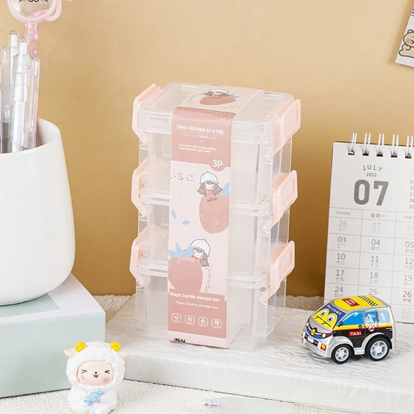 Mini Üç Katlı Saklama Kutusu - Pembe Kakao Damlası Tokalı