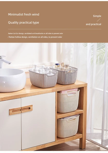 Plastik Rattan Desenli Masaüstü Organizer Sepet - 2'li Ekonomik Set - Kahverengi Orta Boy - Resim 10