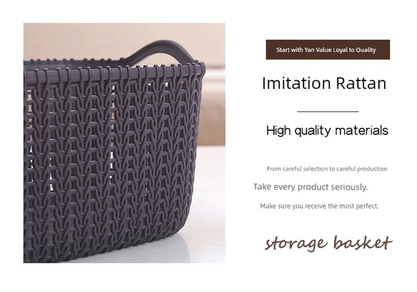 Plastik Rattan Desenli Masaüstü Organizer Sepet - 2'li Ekonomik Set - Kahverengi Orta Boy - Resim 9