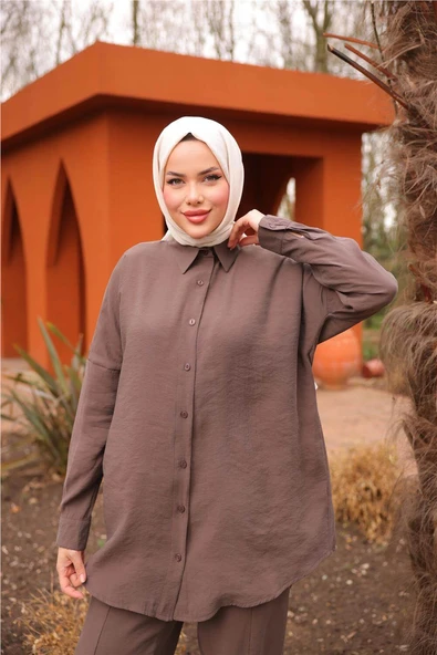 Sade İkili Tesettür Gömlek Takımı - 71263.028 - Kahverengi - 5