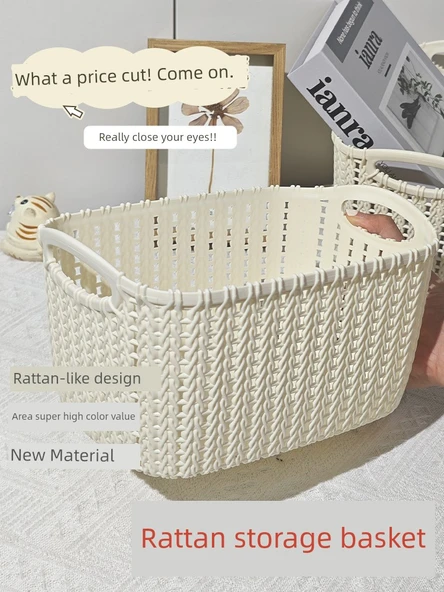 Plastik Rattan Desenli Masaüstü Organizer Sepet - 2'li Ekonomik Set - Kahverengi Orta Boy - Resim 2