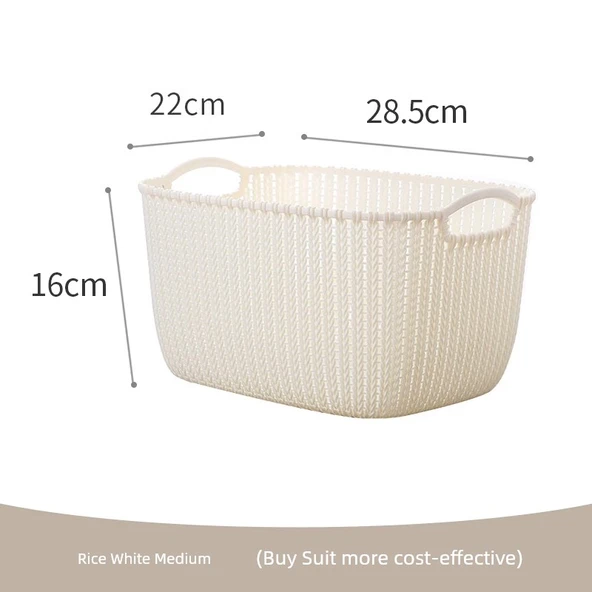 Plastik Rattan Desenli Masaüstü Organizer Sepet - Beyaz Orta Boy - Ekonomik Set