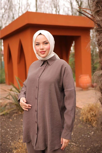 Sade İkili Tesettür Gömlek Takımı - 71263.028 - Kahverengi - 4