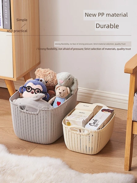 Plastik Rattan Desenli Masaüstü Organizer Sepet - 2'li Ekonomik Set - Kahverengi Orta Boy - Resim 3