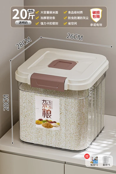 Şeffaf Süt Beyazı Pirinç Saklama Kutusu 10kg - Ölçü Kabı Hediyeli