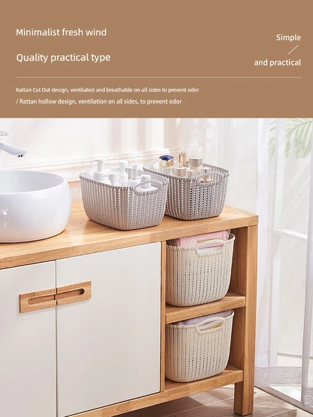 Plastik Rattan Desenli Masaüstü Organizer Sepet - 2'li Ekonomik Set - Kahverengi Orta Boy - Resim 4