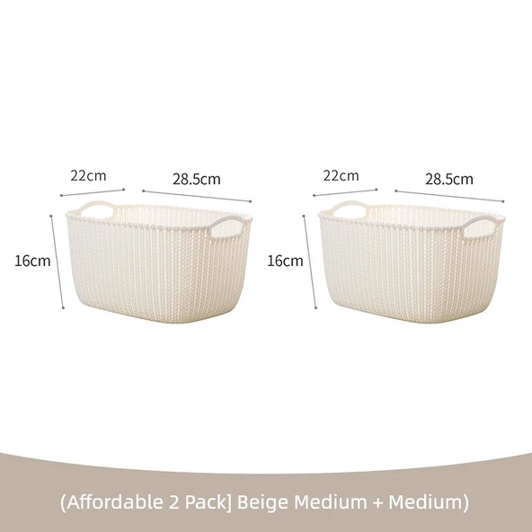 Plastik Rattan Desenli Masaüstü Organizer Sepet - 2'li Ekonomik Set - Bej Orta Boy