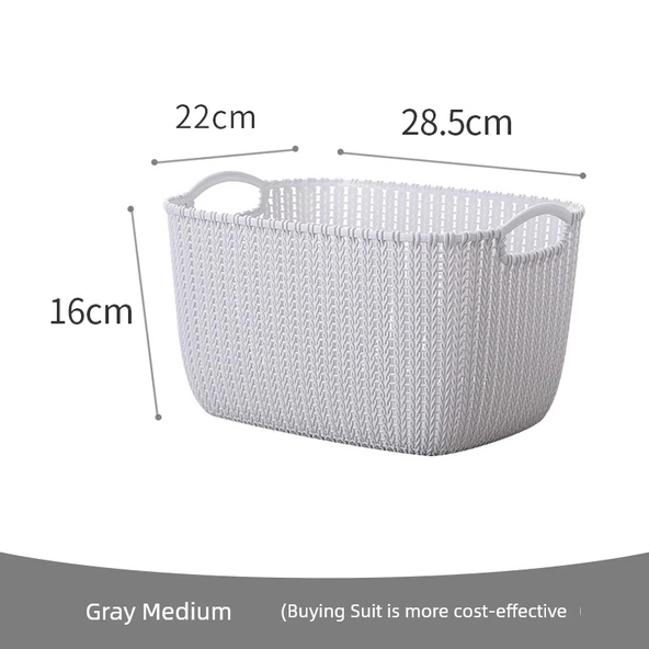 Plastik Rattan Desenli Masaüstü Organizer Sepet - Gri Orta Boy - Ekonomik Set