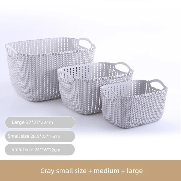 Plastik Rattan Desenli Banyo Sepeti - Açık Gri - Küçük, Orta, Büyük Set