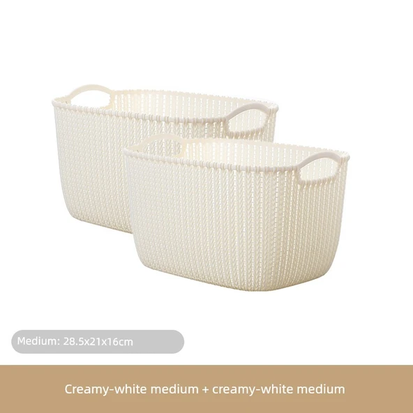 Plastik Rattan Desenli Banyo Sepeti - Krem Beyaz - Orta Boy (2 Adet)