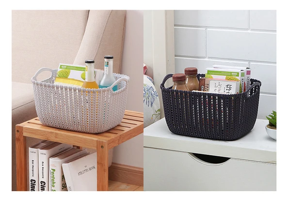 Plastik Rattan Desenli Banyo Sepeti - Krem Beyaz - Küçük Boy (2 Adet) - 11