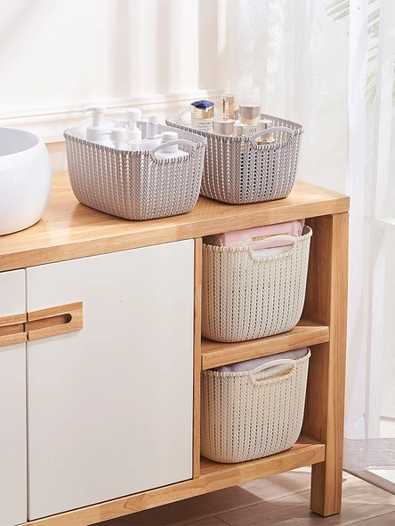 Plastik Rattan Desenli Banyo Sepeti - Açık Gri - Büyük Boy Set (2 Adet) - 4