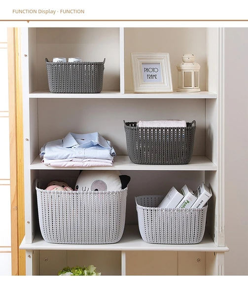 Plastik Rattan Desenli Banyo Sepeti - Krem Beyaz - Büyük Boy (2 Adet) - 9