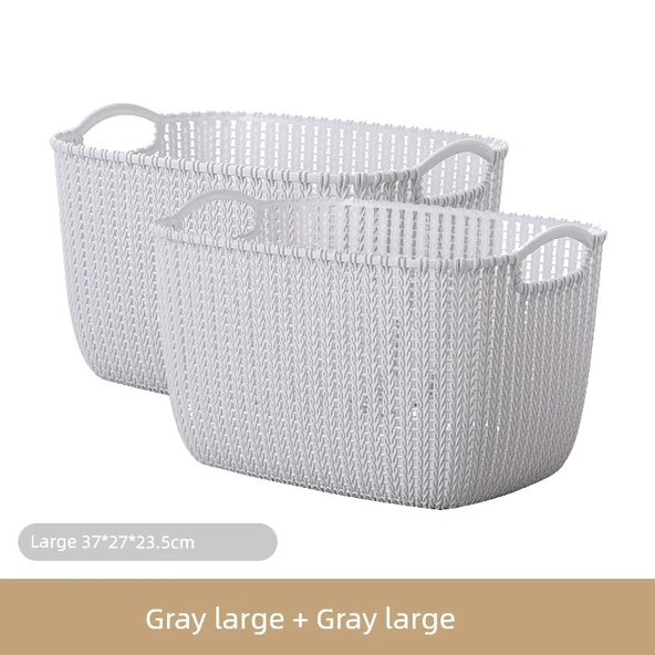 Plastik Rattan Desenli Banyo Sepeti - Açık Gri - Büyük Boy Set (2 Adet)