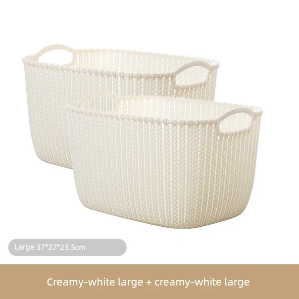 Plastik Rattan Desenli Banyo Sepeti - Krem Beyaz - Büyük Boy (2 Adet)