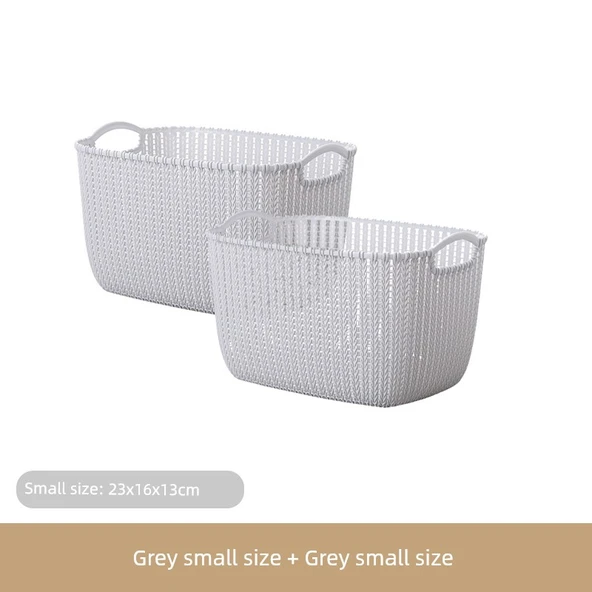 Plastik Rattan Desenli Banyo Sepeti - Açık Gri - Küçük Boy (2 Adet)