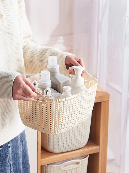 Plastik Rattan Desenli Banyo Sepeti - Krem Beyaz - Orta Boy (2 Adet) - 5