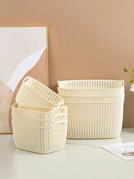 Plastik Rattan Desenli Banyo Sepeti - Krem Beyaz - Orta Boy (2 Adet) - 2