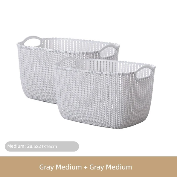 Plastik Rattan Desenli Banyo Sepeti - Açık Gri - Orta Boy (2 Adet)