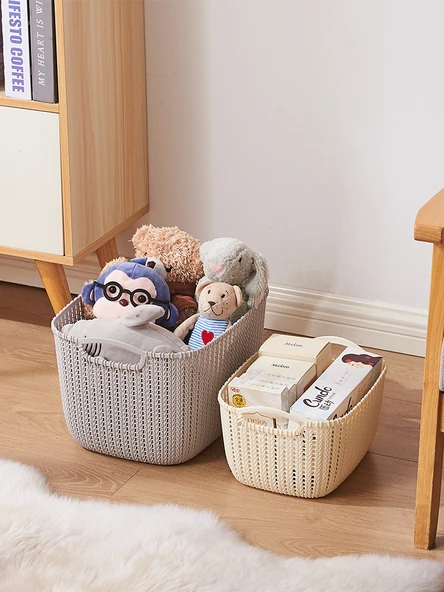 Plastik Rattan Desenli Banyo Sepeti - Açık Gri - Orta Boy (2 Adet) - 3
