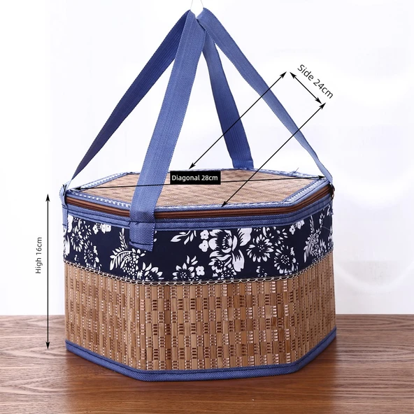 Mavi Kumaşlı Altıgen Bambu Sepet (28*24*16cm)