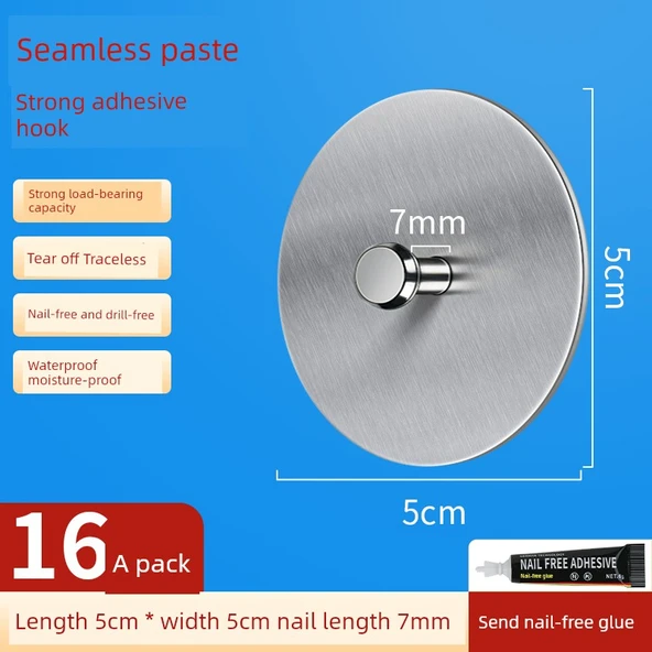 Paslanmaz Çelik Yapışkanlı Kancalar - Yuvarlak 16'lı Paket