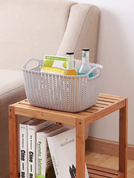 Plastik Rattan Desenli Banyo Sepeti - Açık Gri - Orta Boy (2 Adet) - 6