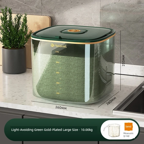 Pirinç Saklama Kabı - Koyu Yeşil 10kg - Ölçü Kabı Dahil