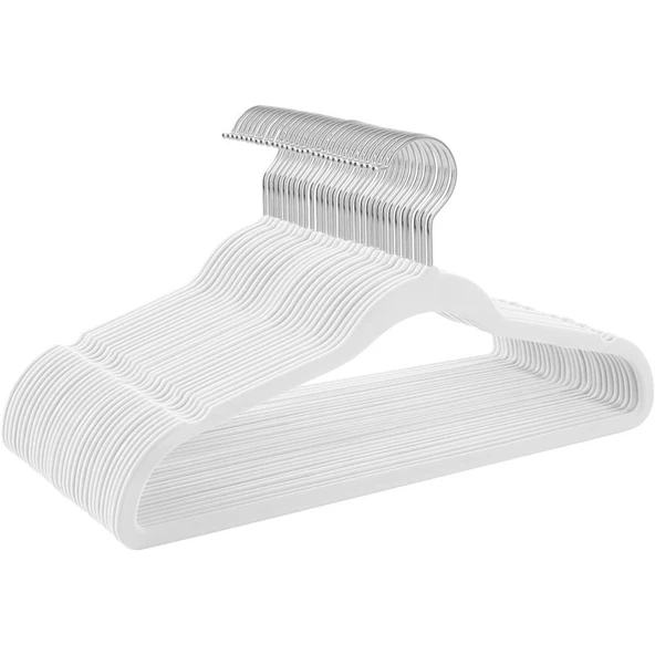 20'li Kaymaz Kadife Elbise Askısı - 45cm - Beyaz - Gümüş Kancalı