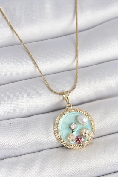 316L Çelik Gold Renk Zincir Mavi Mineli İnci Çiçek İşlemeli Zirkon Taş Detaylı Madalyon Model Kadın Kolye - TJ-BKO10174 - 1