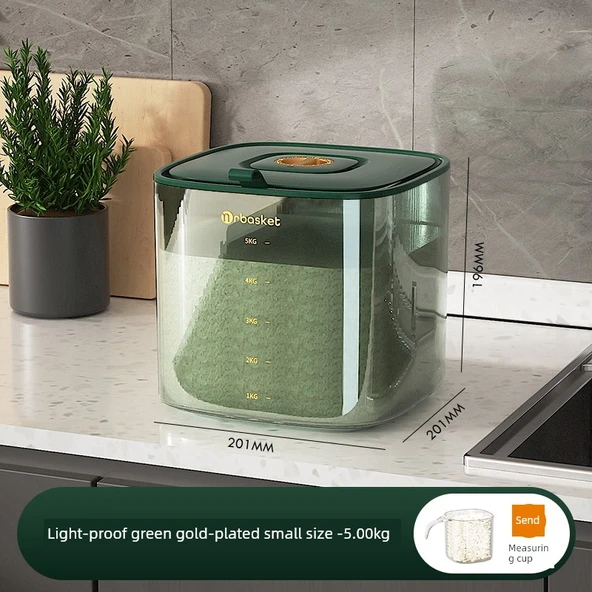 Pirinç Saklama Kabı - Koyu Yeşil 5kg - Ölçü Kabı Dahil