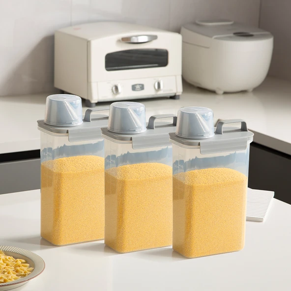 2.5L Gri - 3'lü Gıda Sınıfı Pirinç Mısır Gevreği Saklama Kutusu [Ölçülü, Kapaklı]